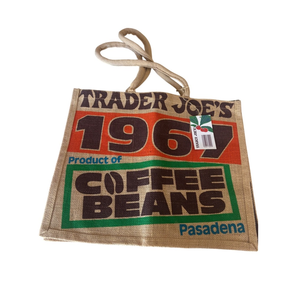 Trader Joes 1967 Coffee Beans Pasadena Jute Tote Bag Reusable Grocery Shop NEW - Picture 1 of 3